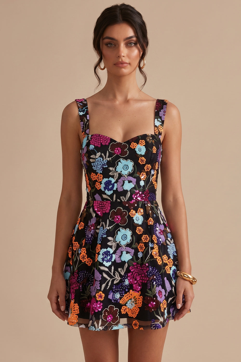 Sparkly Black A-Line Floral Sequin Short Homecoming Dress