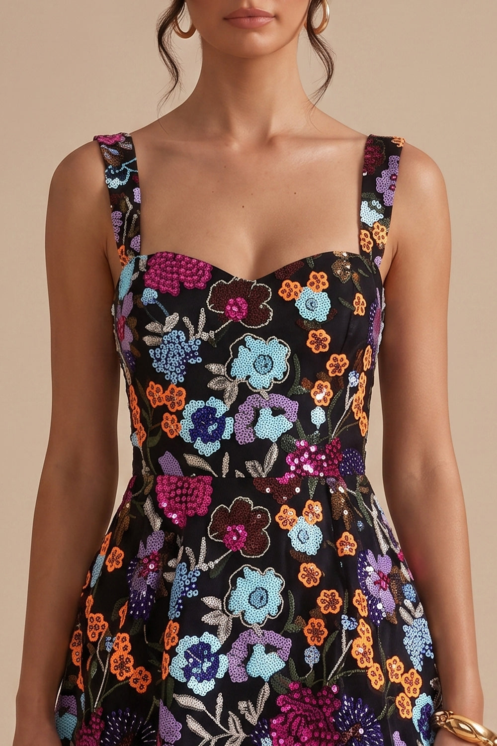 Sparkly Black A-Line Floral Sequin Short Homecoming Dress
