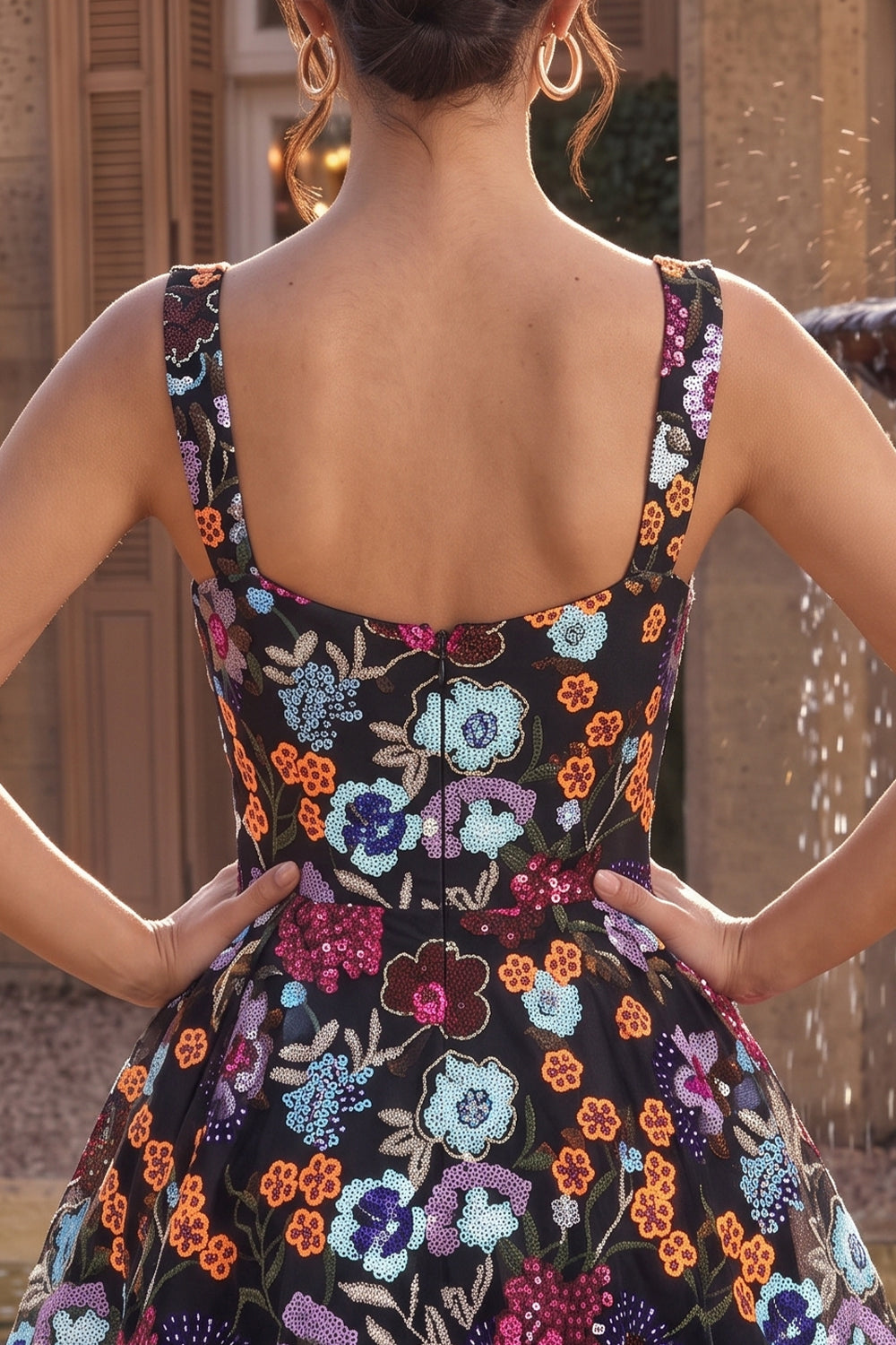 Sparkly Black A-Line Floral Sequin Short Homecoming Dress