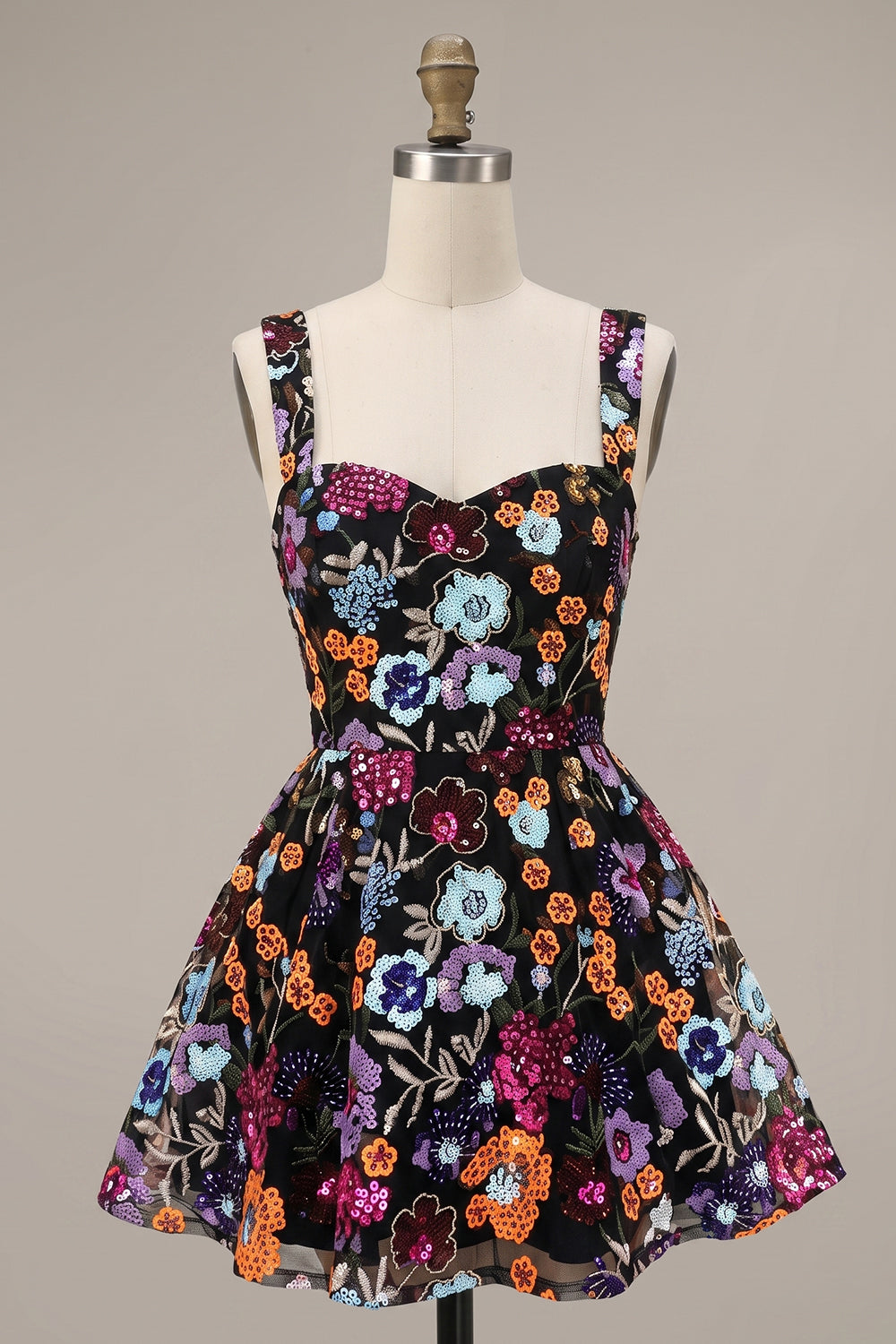 Sparkly Black A-Line Floral Sequin Short Homecoming Dress