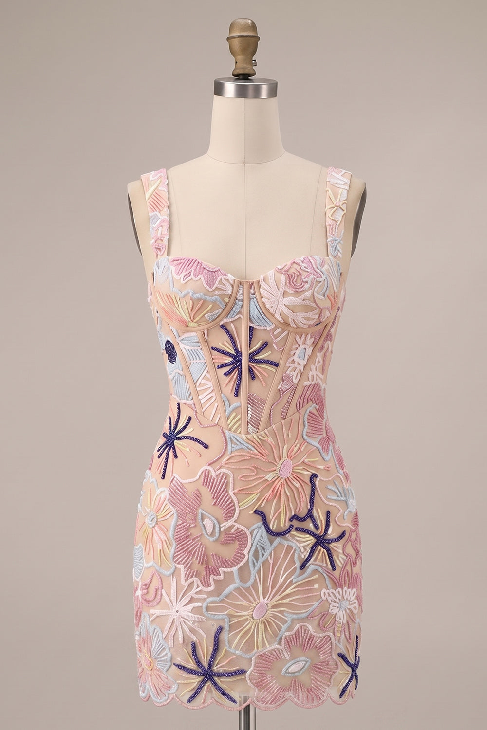 Sparkly Pink Floral Corset Tight Beaded Short Homecoming Dress