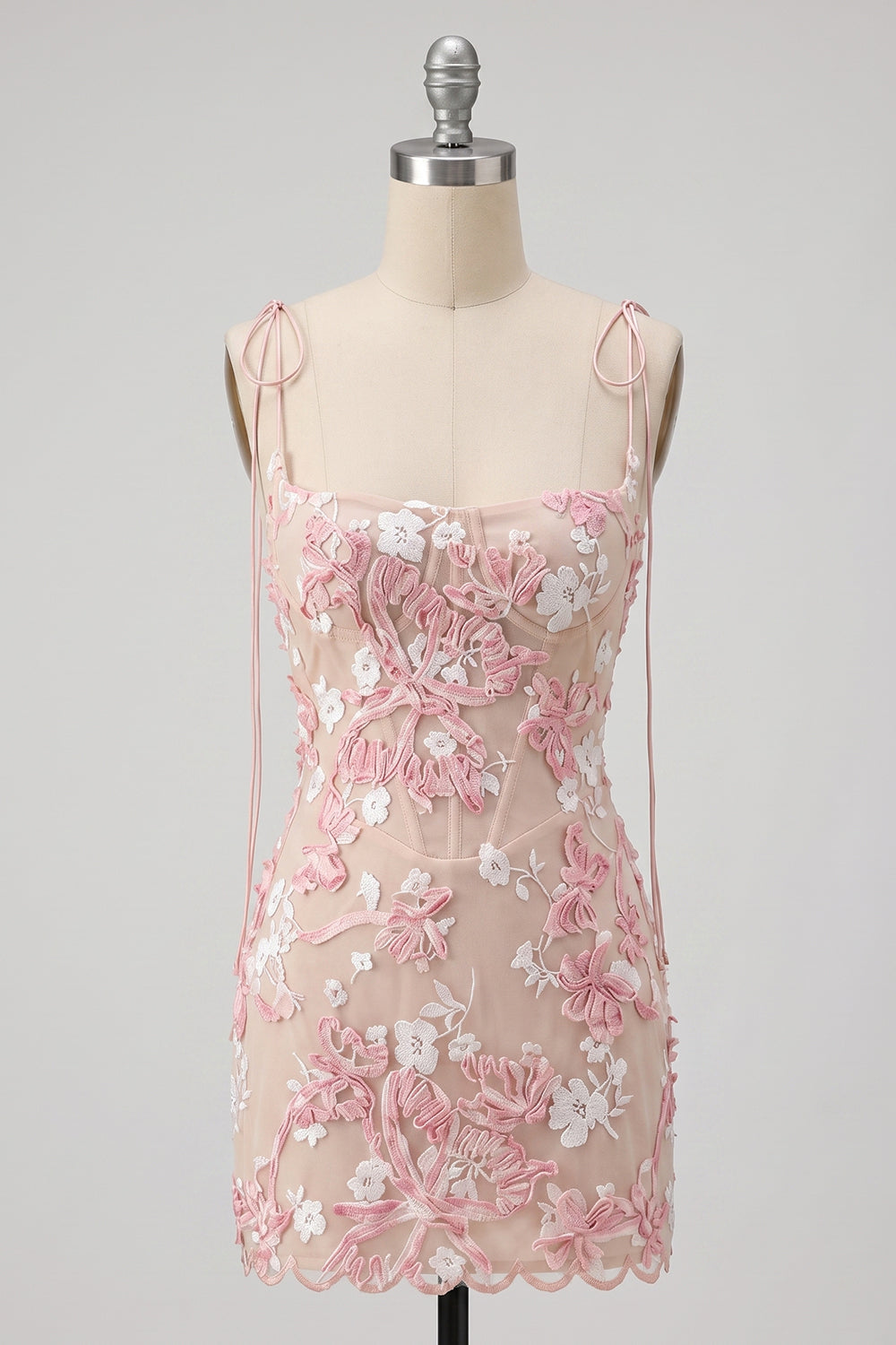 Pink Appliqued Corset Tight Spaghetti Straps Short Homecoming Dress