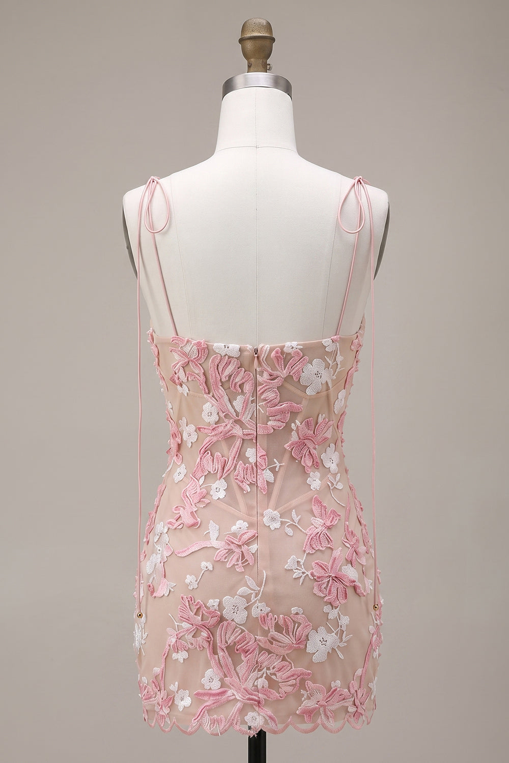 Pink Appliqued Corset Tight Spaghetti Straps Short Homecoming Dress