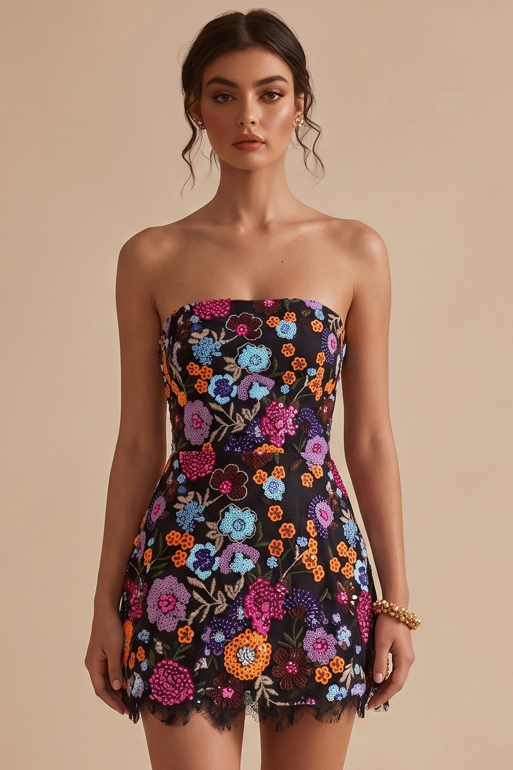 Sparkly Black A Line Floral Sequin Short Homecoming Dress with Lace
