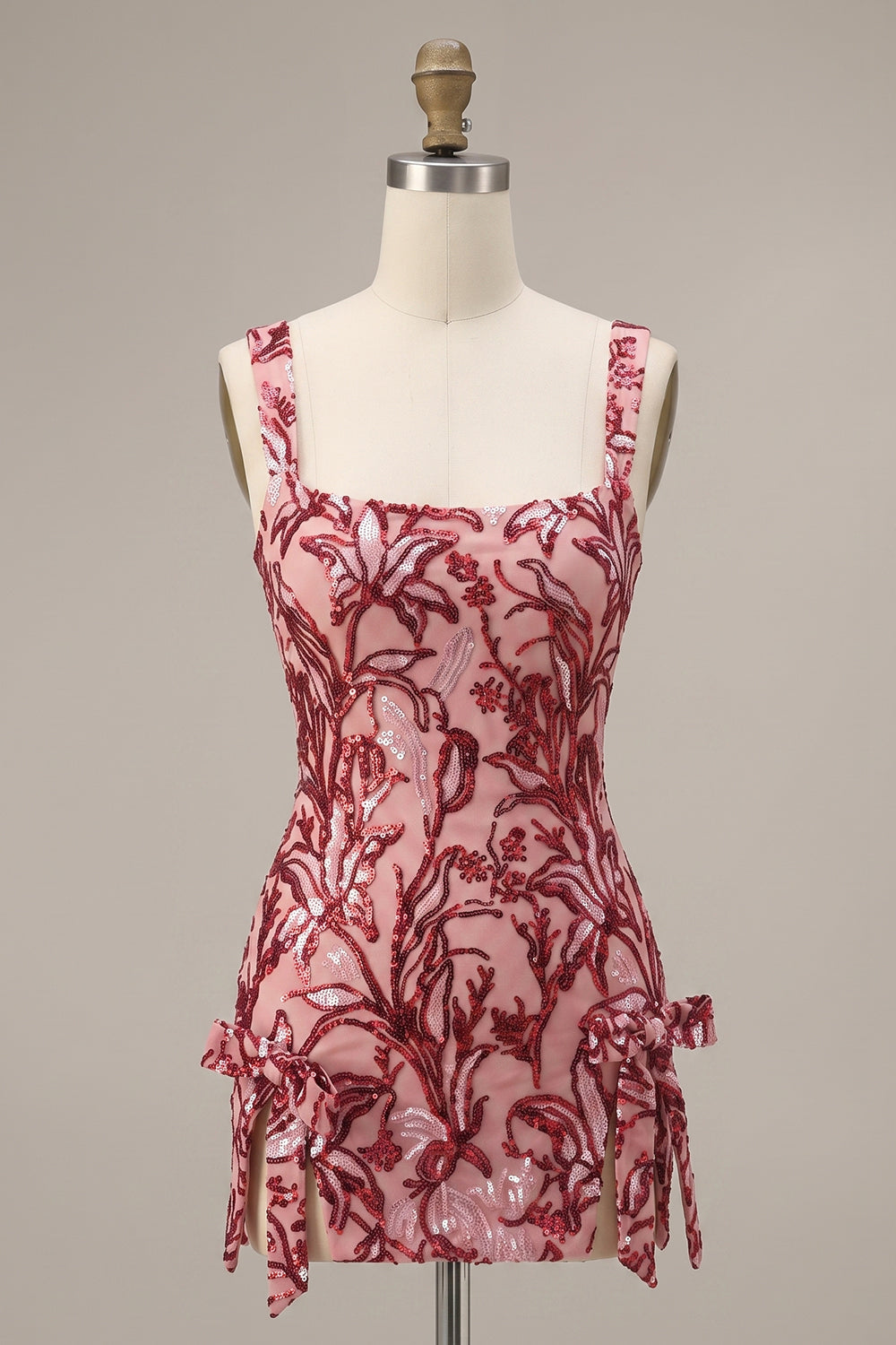 Sparkly Floral Red Tight Square Neck Sequin Short Homecoming Dress with Bows