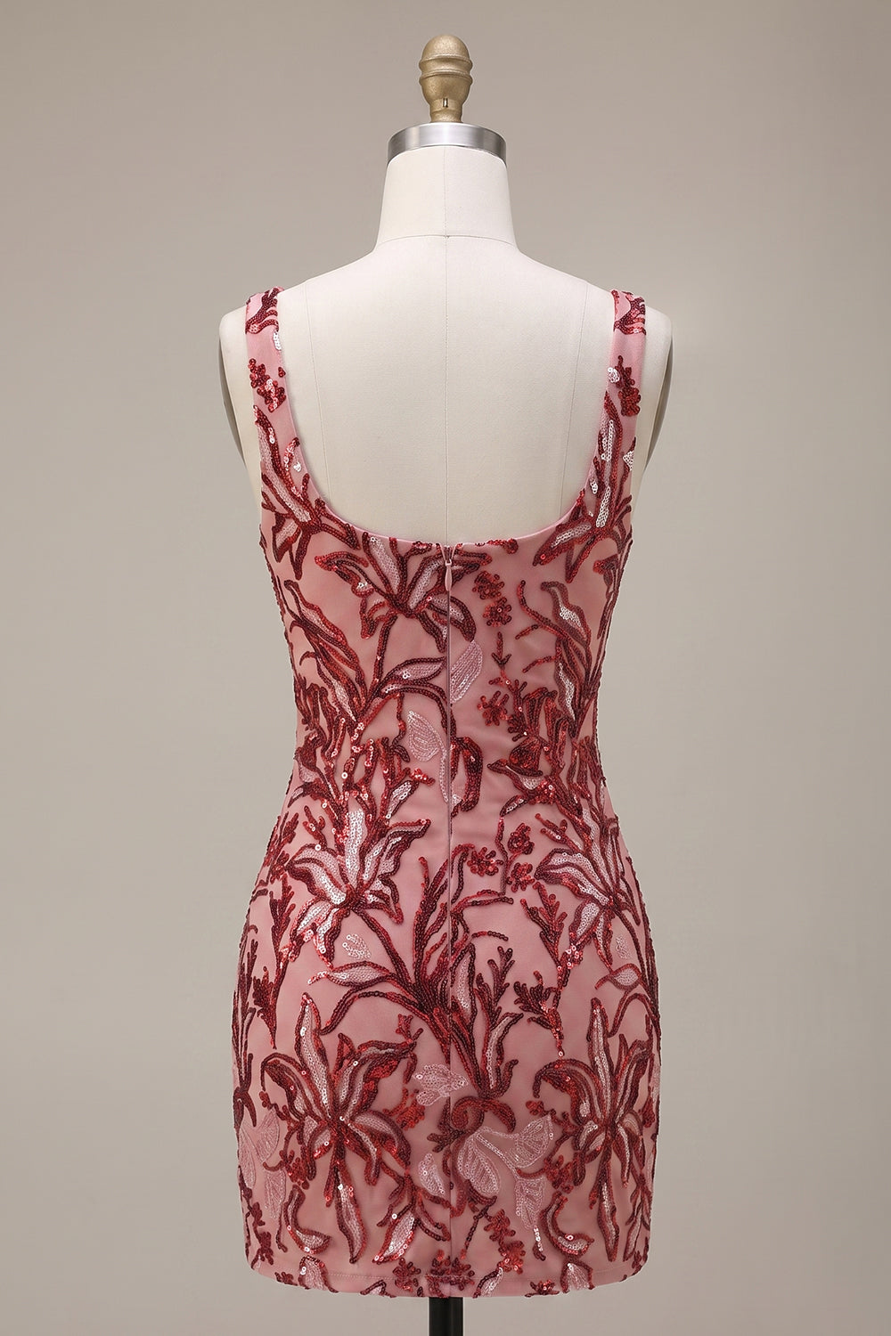 Sparkly Floral Red Tight Square Neck Sequin Short Homecoming Dress with Bows