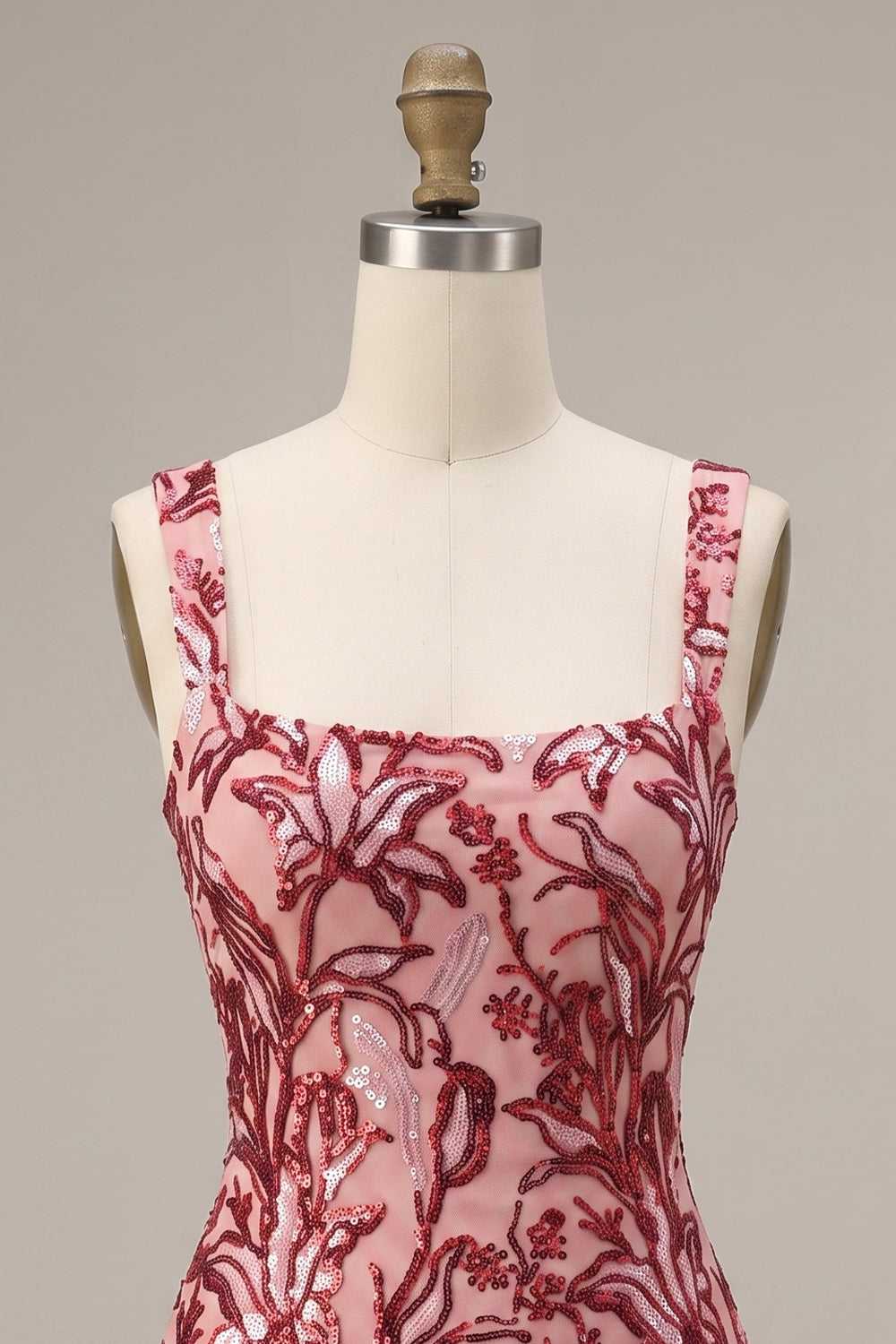 Sparkly Floral Red Tight Square Neck Sequin Short Homecoming Dress with Bows