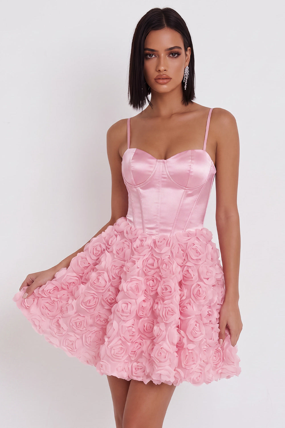 Pink Corset Spaghetti Straps Short Satin Homecoming Dress with 3D Flowers