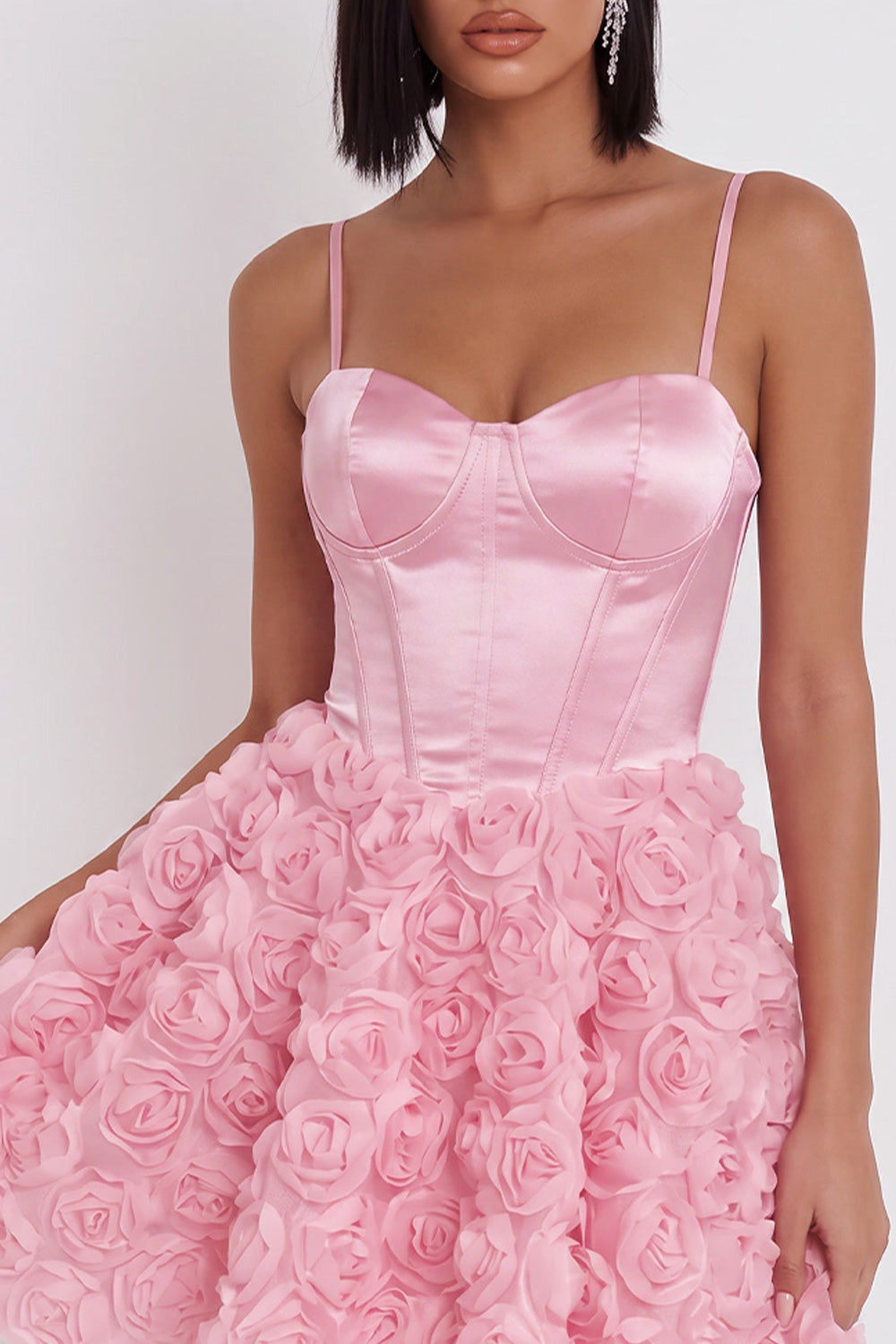 Pink Corset Spaghetti Straps Short Satin Homecoming Dress with 3D Flowers