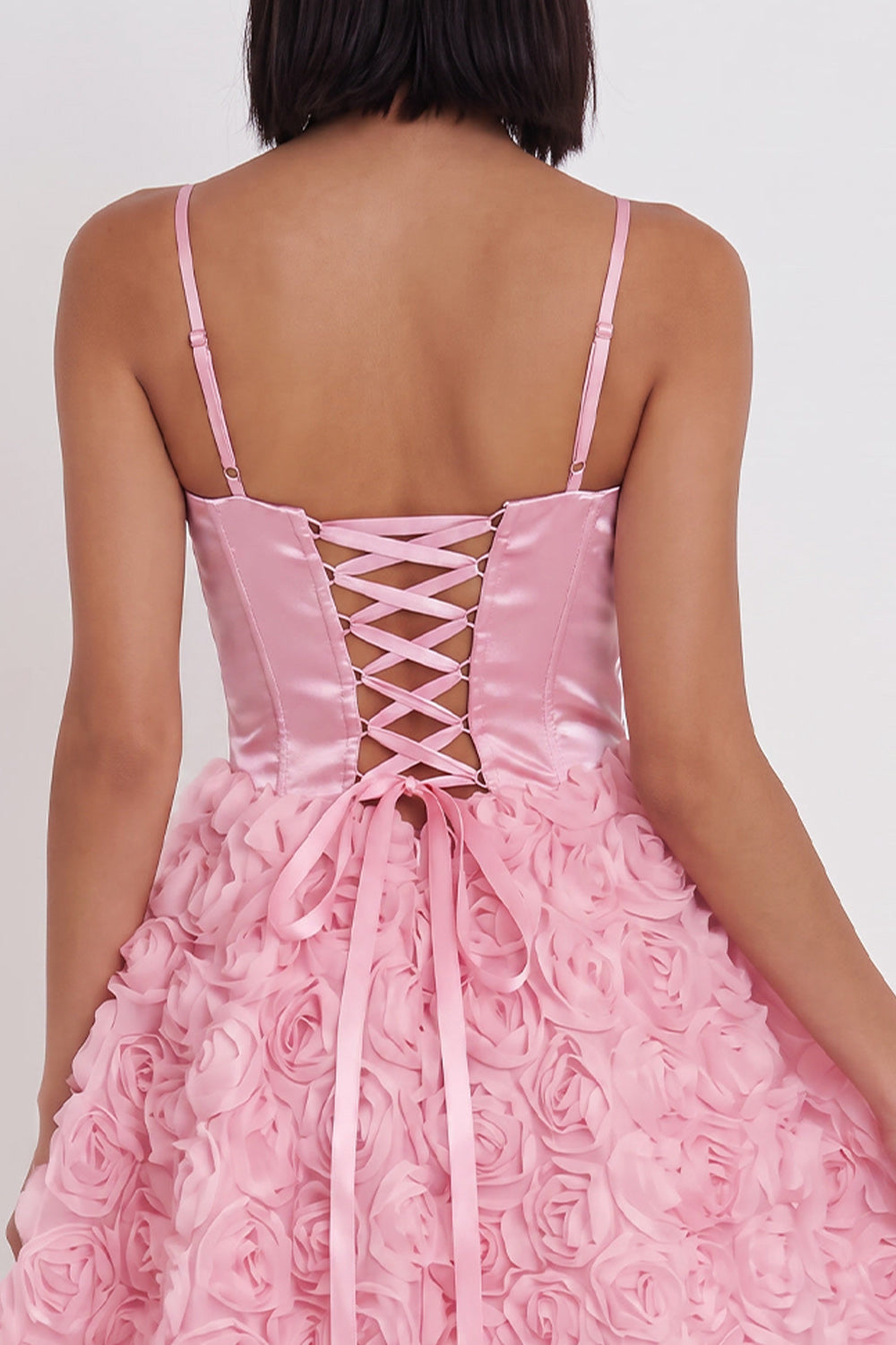 Pink Corset Spaghetti Straps Short Satin Homecoming Dress with 3D Flowers