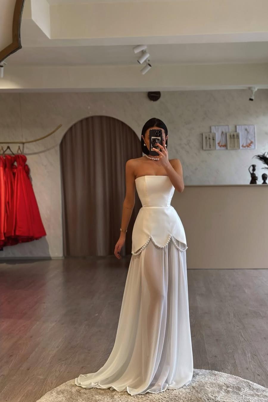 Glamorous White Satin Strapless Sleeveless Long Pleated Prom Dress with Beadings