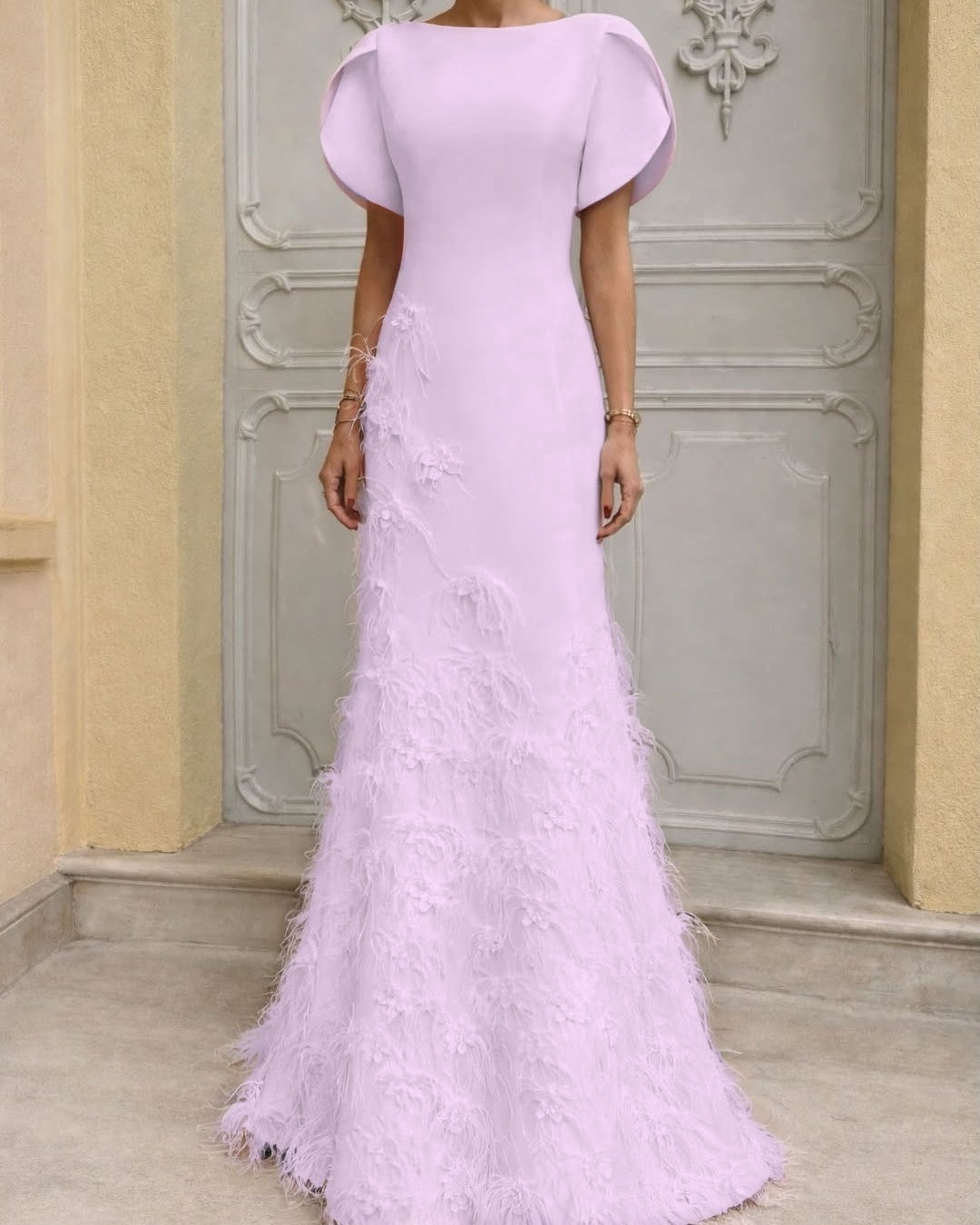 Majestic Pink Satin Sleeveless Applique Long Prom Dress with Feather