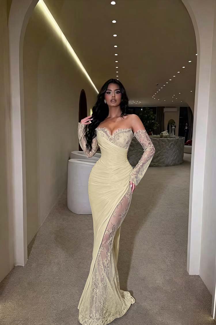 Glamorous Brown Long Sleeves Strapless V Neck Long Prom Dress with Pleated
