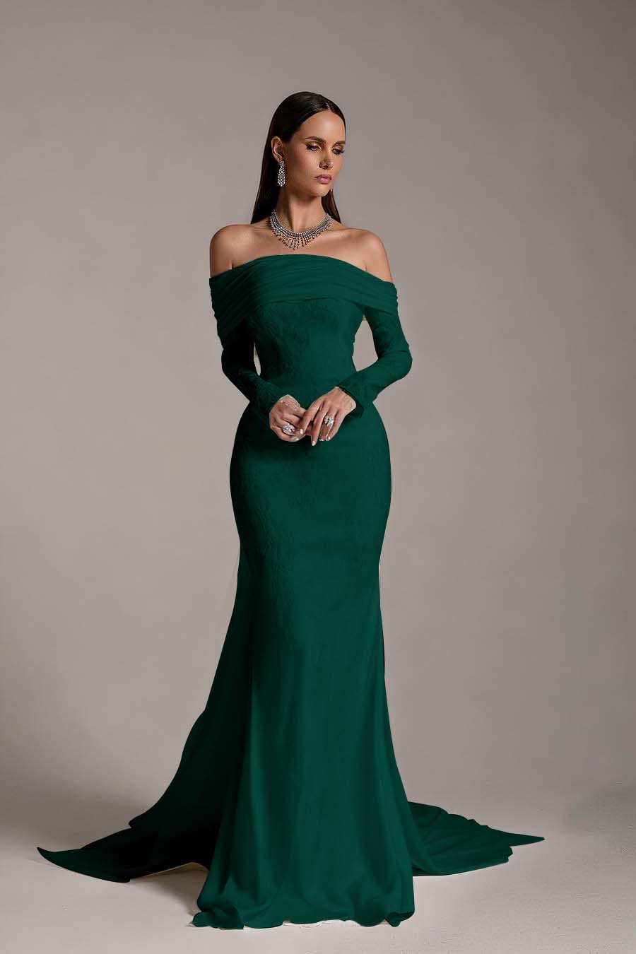 Stunning Prints Off the Shoulder Long Sleeves Mermaid Prom Dress with Pleated
