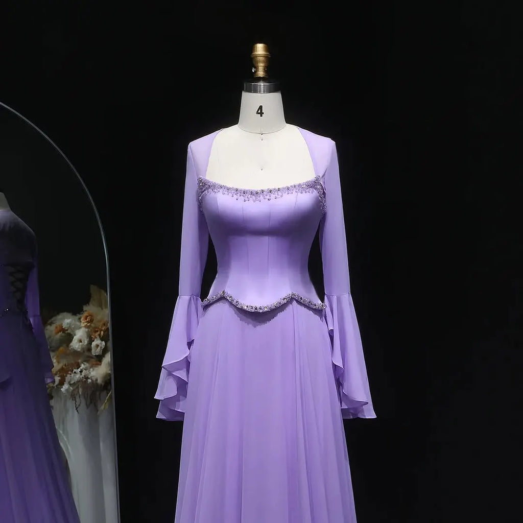Stunning Square Neck Beaded Long Ruffles Sleeves Prom Dress