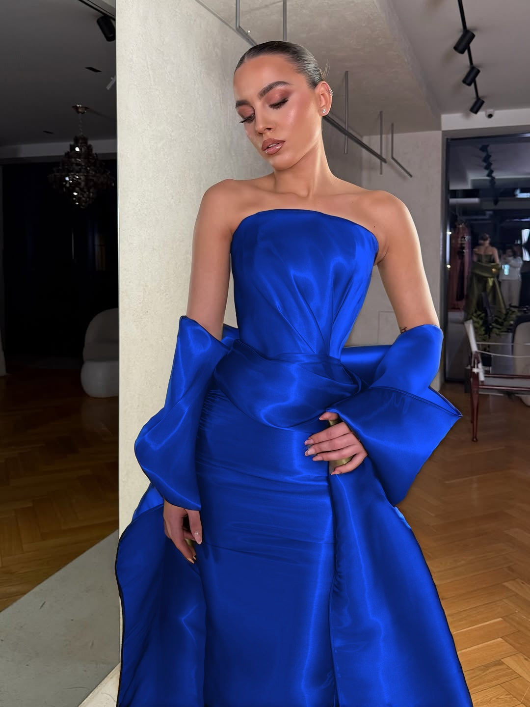 Dreamy Green Satin Strapless Sleeveless Long Prom Dress with Bow