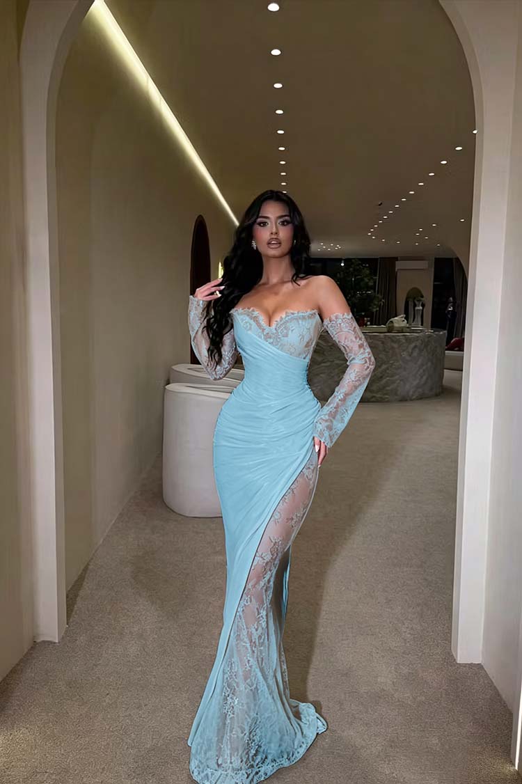 Glamorous Brown Long Sleeves Strapless V Neck Long Prom Dress with Pleated