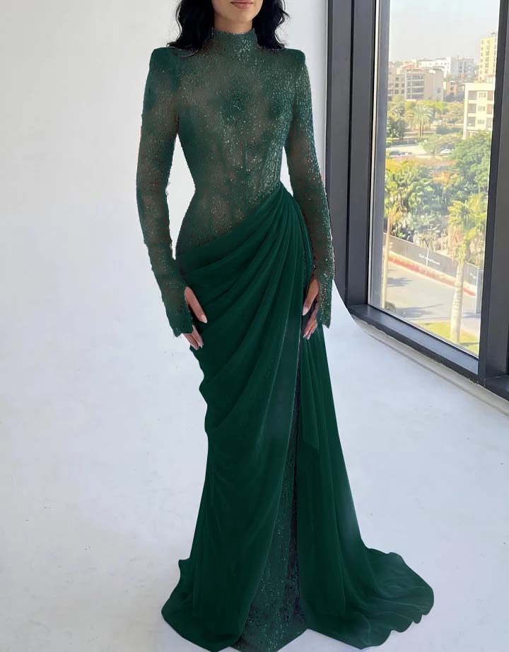 Chic High Neck Long Sleeves Beaded Applique Pleated Prom Dress with Train