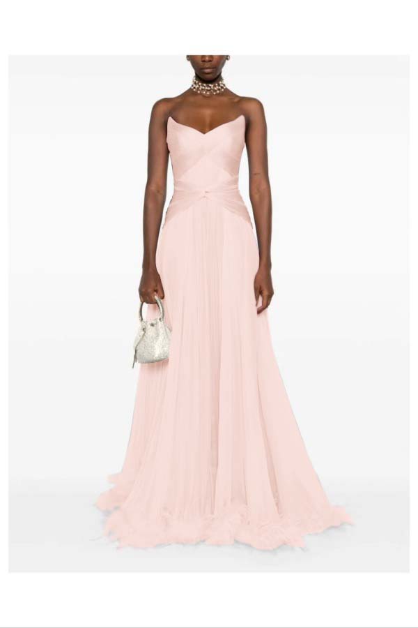 Chic Pink Sweetheart Sleeveless Pleated Prom Dress with Feather