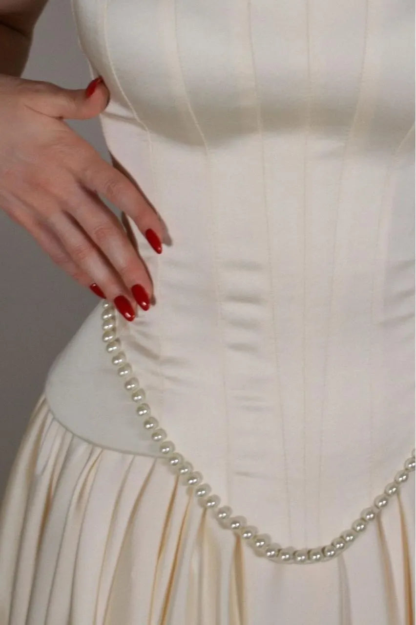 Exquisite Satin Ivory Sleeveless Strapless Long Pleated Prom Dress with Beadings