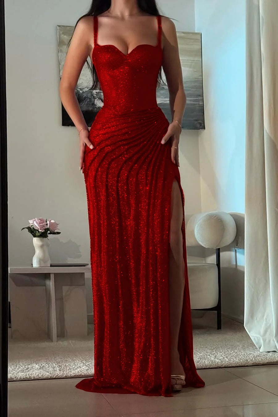 Amazing Fuchsia Sequins Spaghetti Strap Sweetheart Sleeveless Pleated Prom Dress with Split