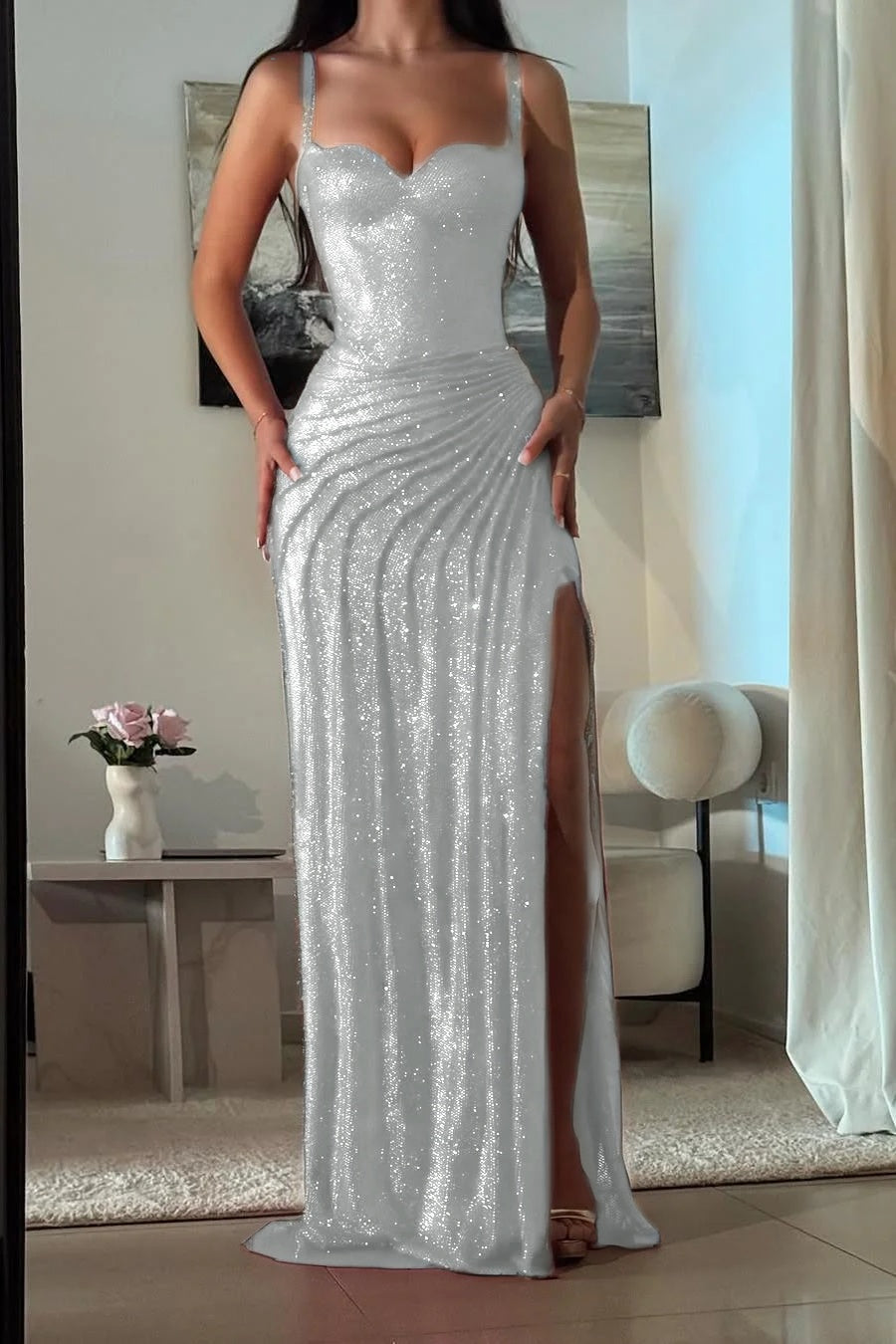 Amazing Fuchsia Sequins Spaghetti Strap Sweetheart Sleeveless Pleated Prom Dress with Split