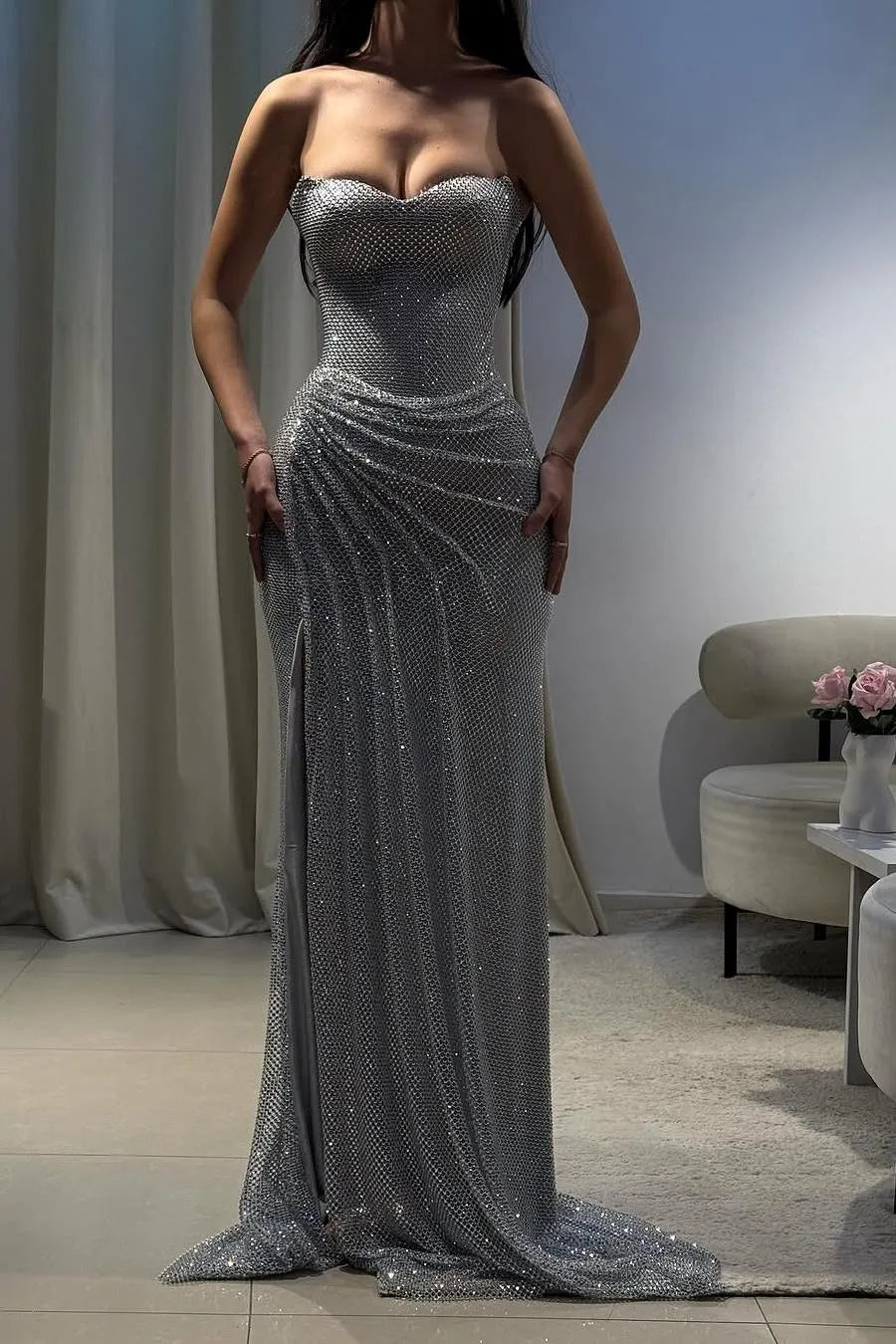 Shinning Silver Sweetheart Sleeveless Long Pleated Prom Dress with Split