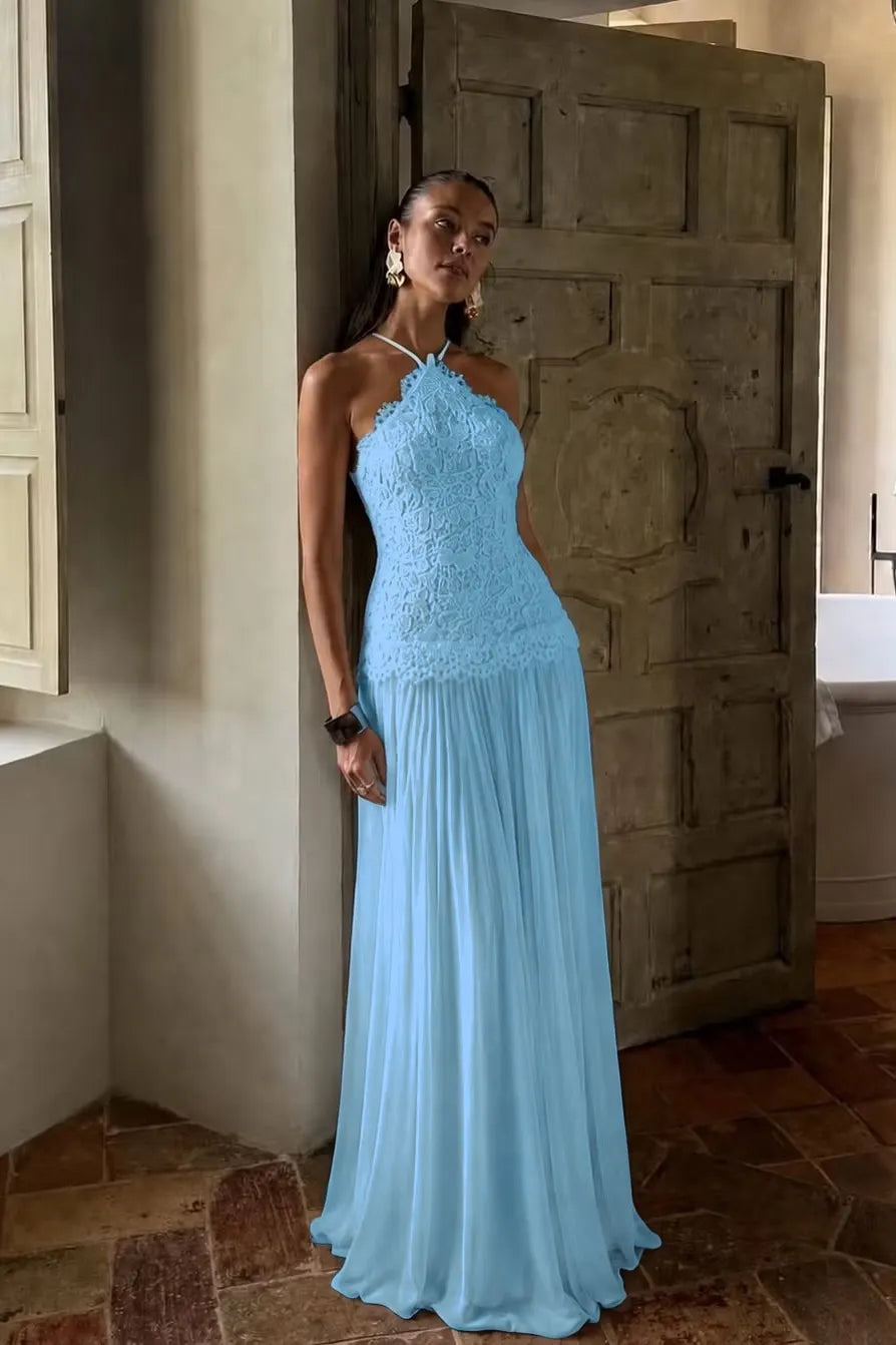 Elegant White Lace Sleeveless Halter Long Prom Dress with Pleated