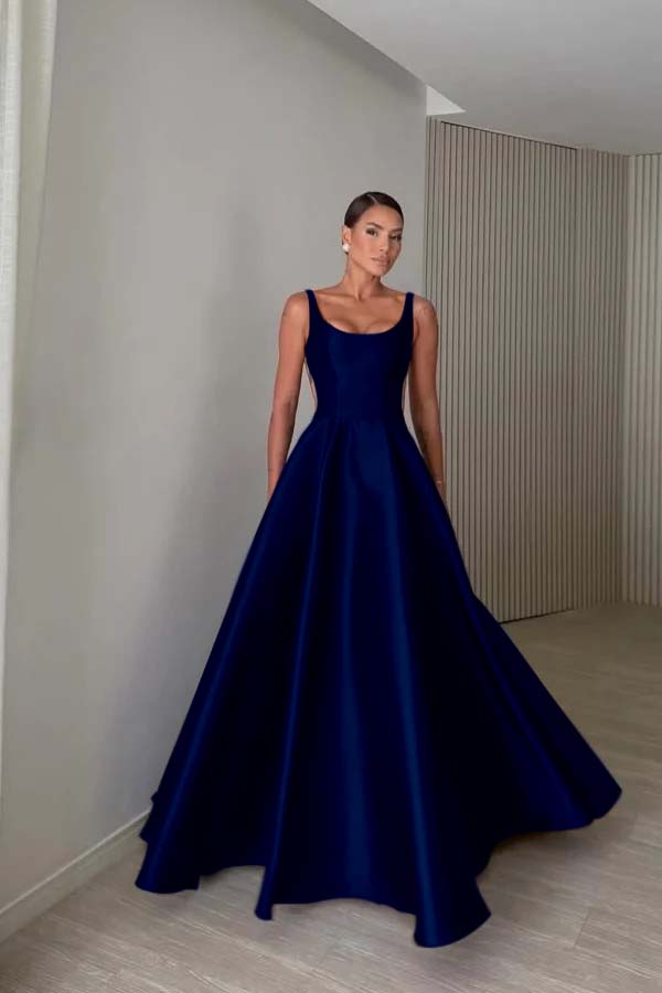 Elegant Satin Wide Shoulder Straps Sleeveless Backless Prom Dress