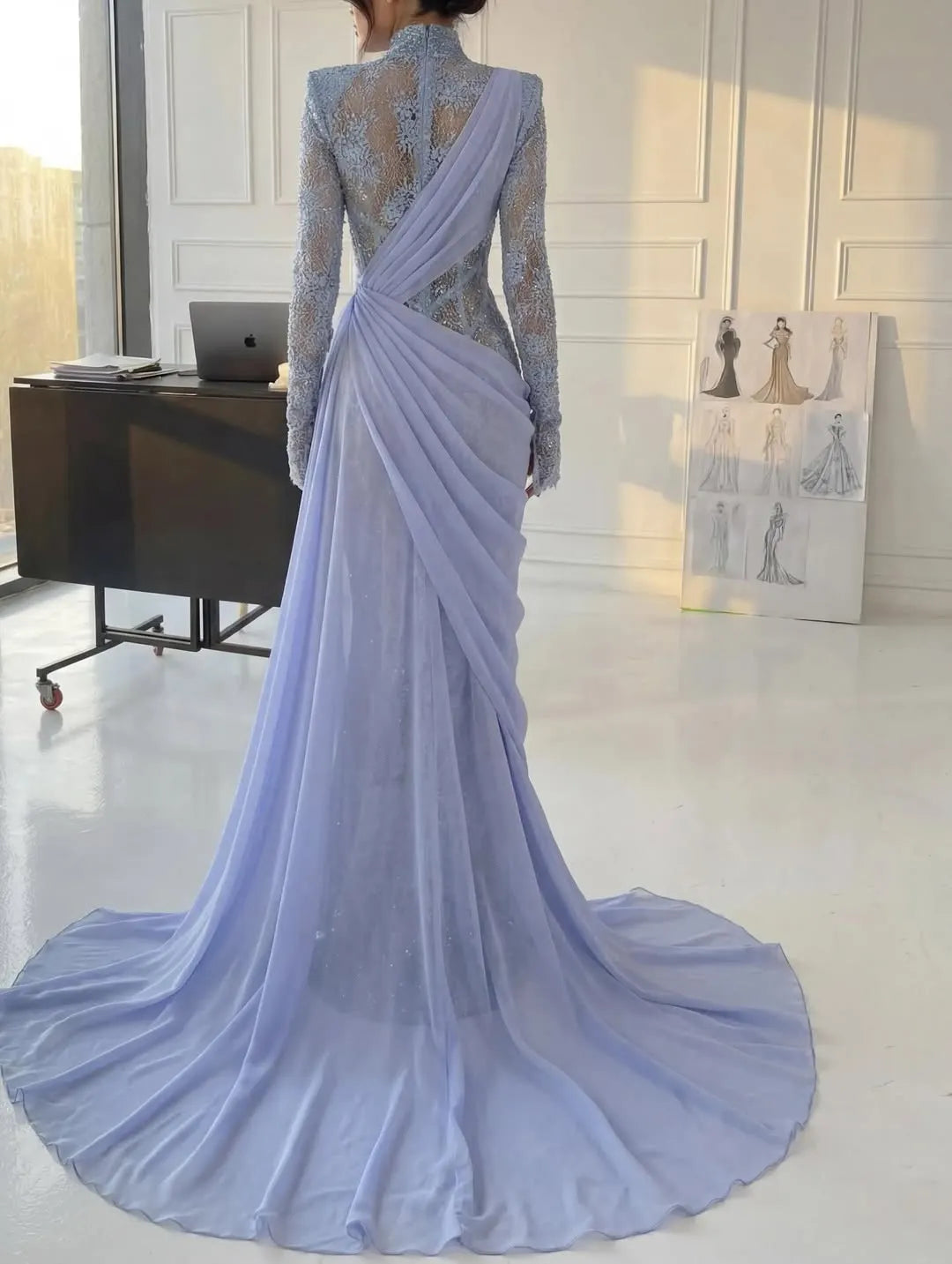Chic High Neck Long Sleeves Beaded Applique Pleated Prom Dress with Train