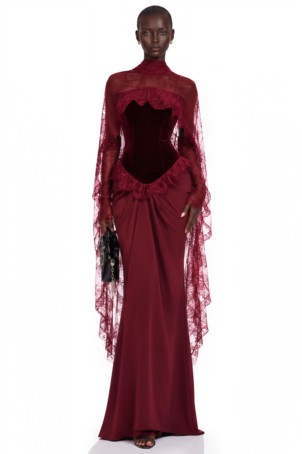 Seraphina Red Floral Lace Maxi Dress with Cape