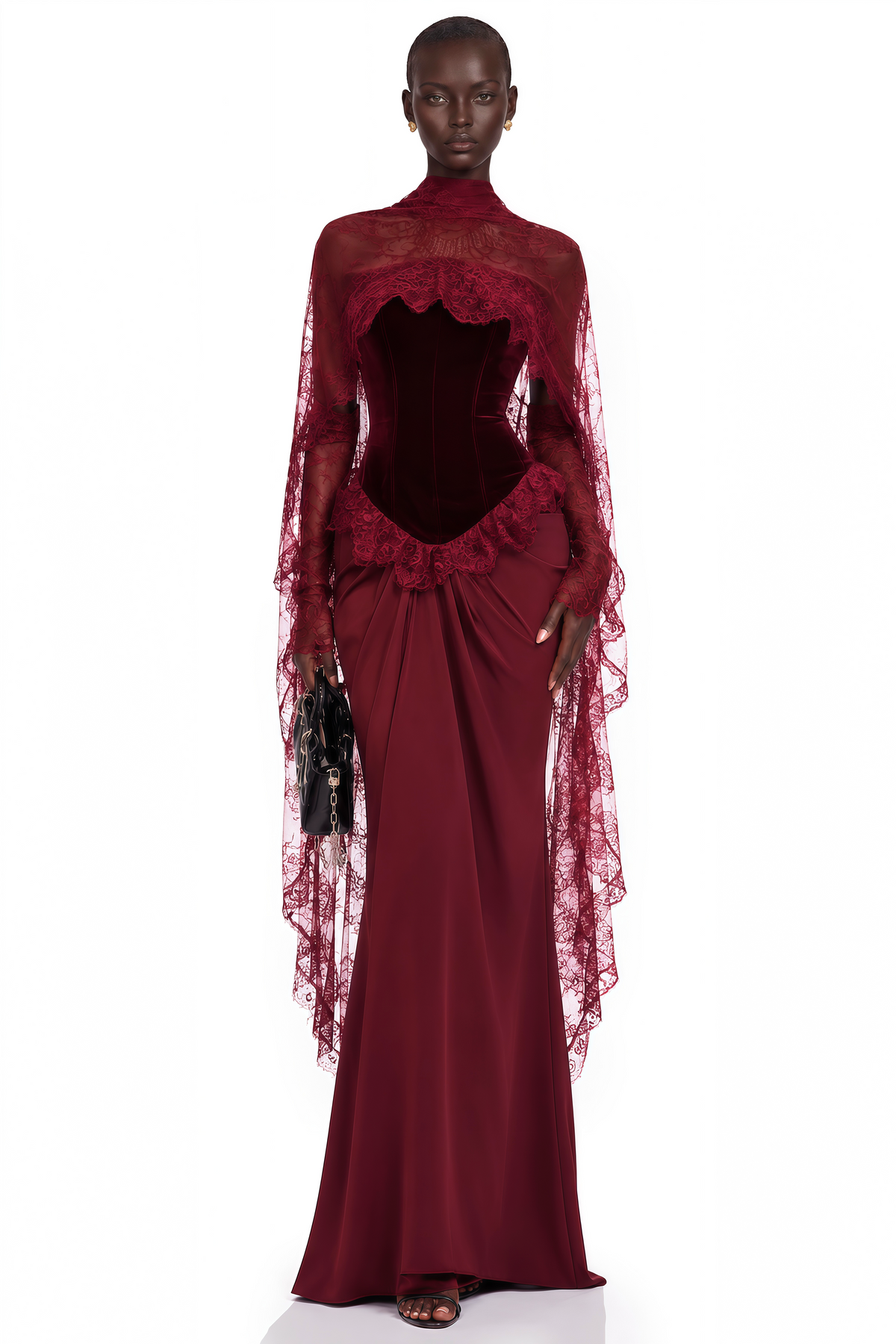 Seraphina Red Floral Lace Maxi Dress with Cape