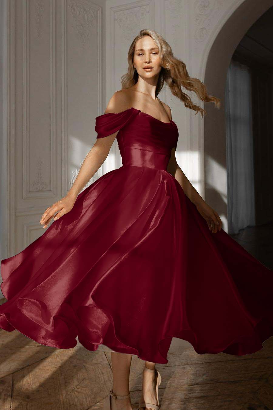 Exquisite White Satin Strapless Off the Shoulder A Line Prom Dress with Ruffles