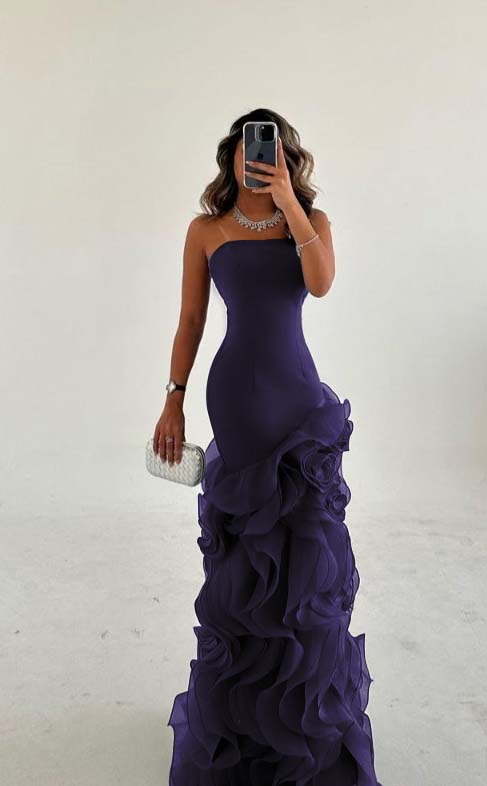 Amazing Dusty Blue Sleeveless Strapless Long Prom Dress with Ruffles