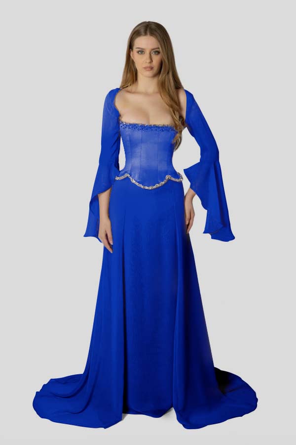 Stunning Square Neck Beaded Long Ruffles Sleeves Prom Dress