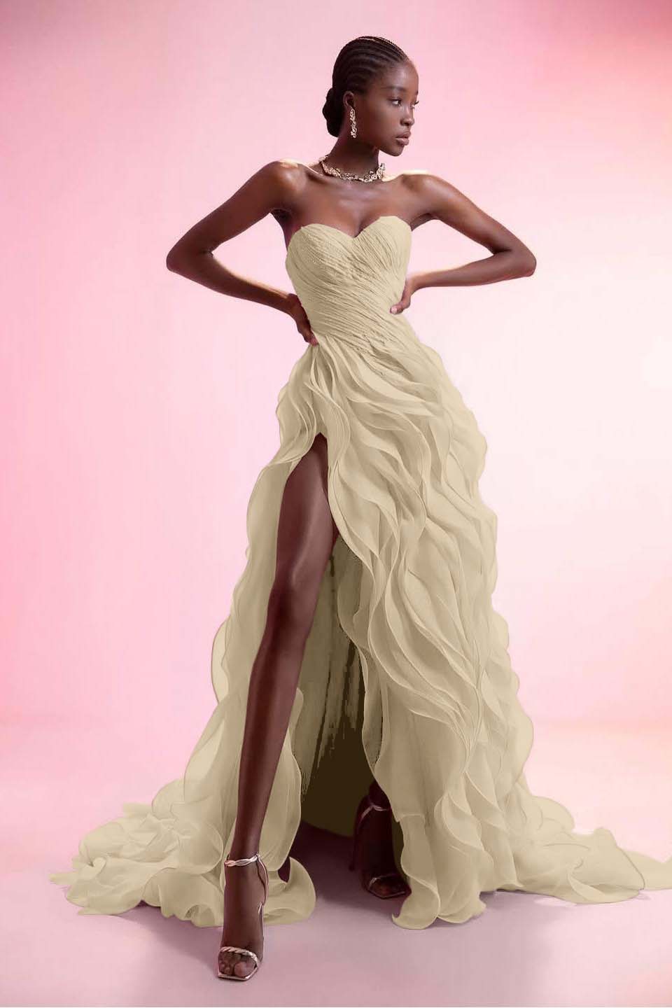 Stunning Pink Strapless Sleeveless Ruffles Pleated Split Prom Dress