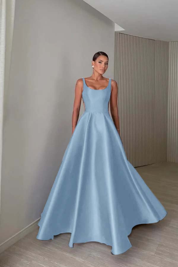 Elegant Satin Wide Shoulder Straps Sleeveless Backless Prom Dress