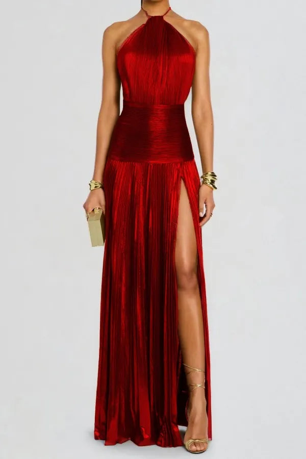 Charming Green Halter Sleeveless Backless Split Prom Dress with Pleated