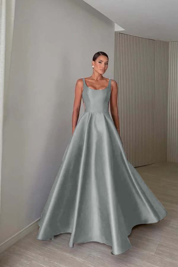 Elegant Satin Wide Shoulder Straps Sleeveless Backless Prom Dress