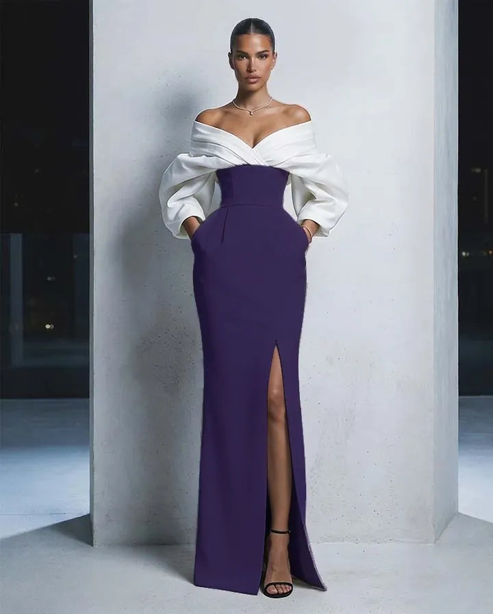 Charming  Long Sleeves Black And White Off-The-Shoulder Split Long Prom Dress