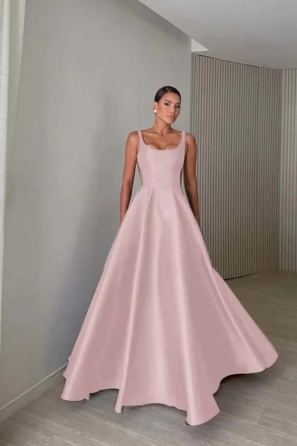 Elegant Satin Wide Shoulder Straps Sleeveless Backless Prom Dress