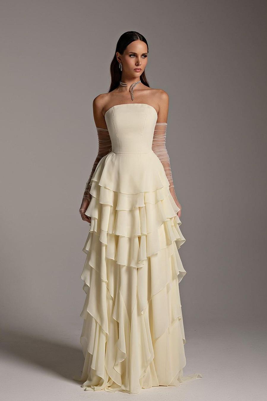 Charming Daffodil Chiffon Sleeveless Strapless Long Cake Prom Dress with Gloves