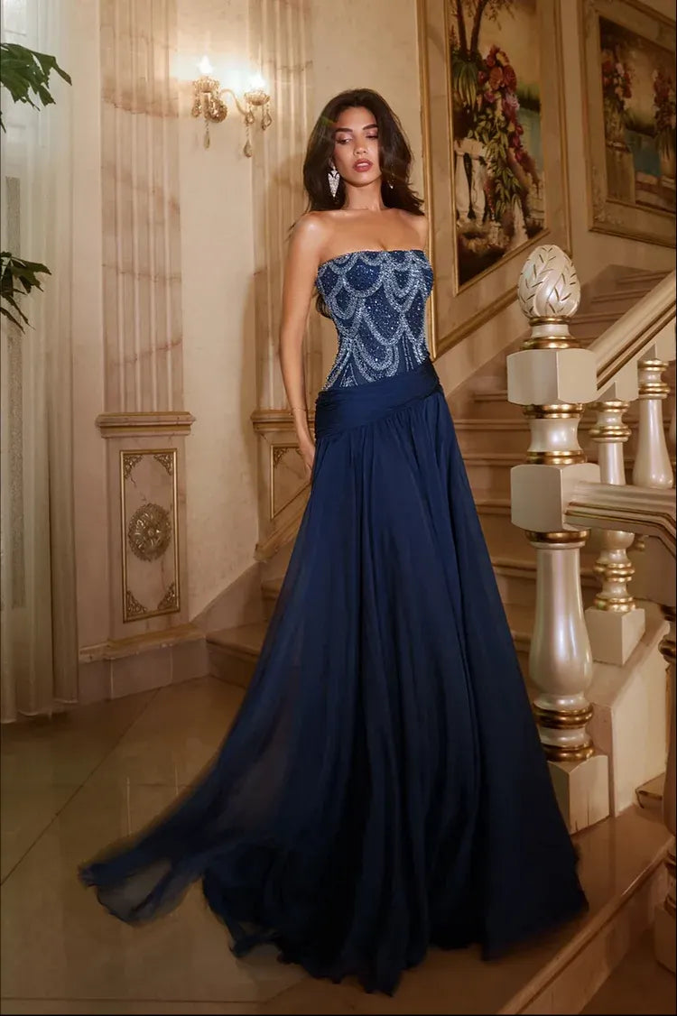 Exquisite DarkNavy Chiffon Sleeveless Strapless Prom Dress with Sequins