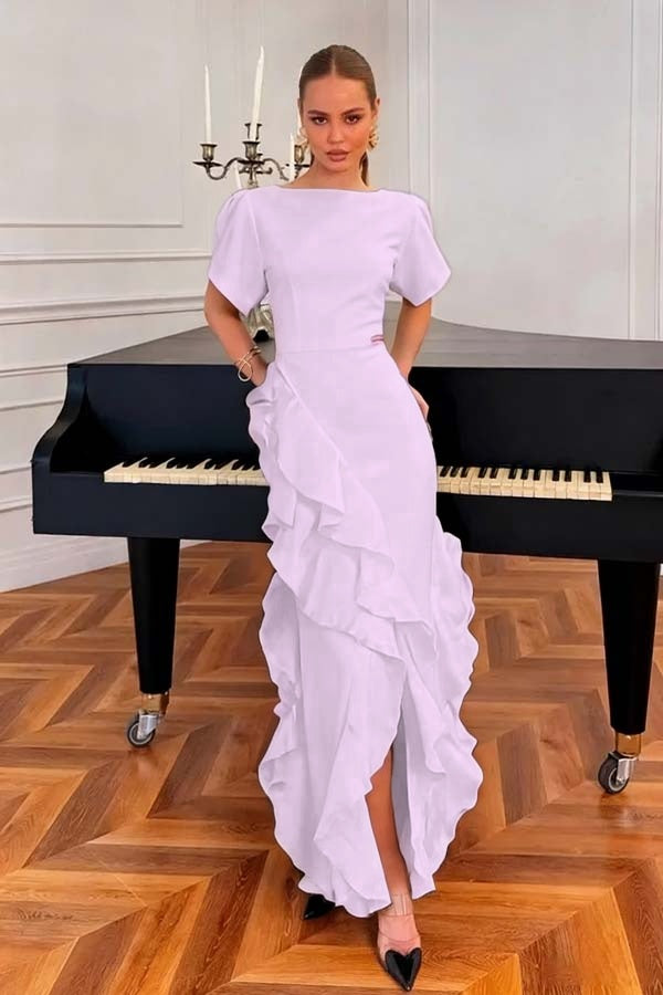 Charming Black Jewel Neck Short Sleeves Ruffles Prom Dress with Split