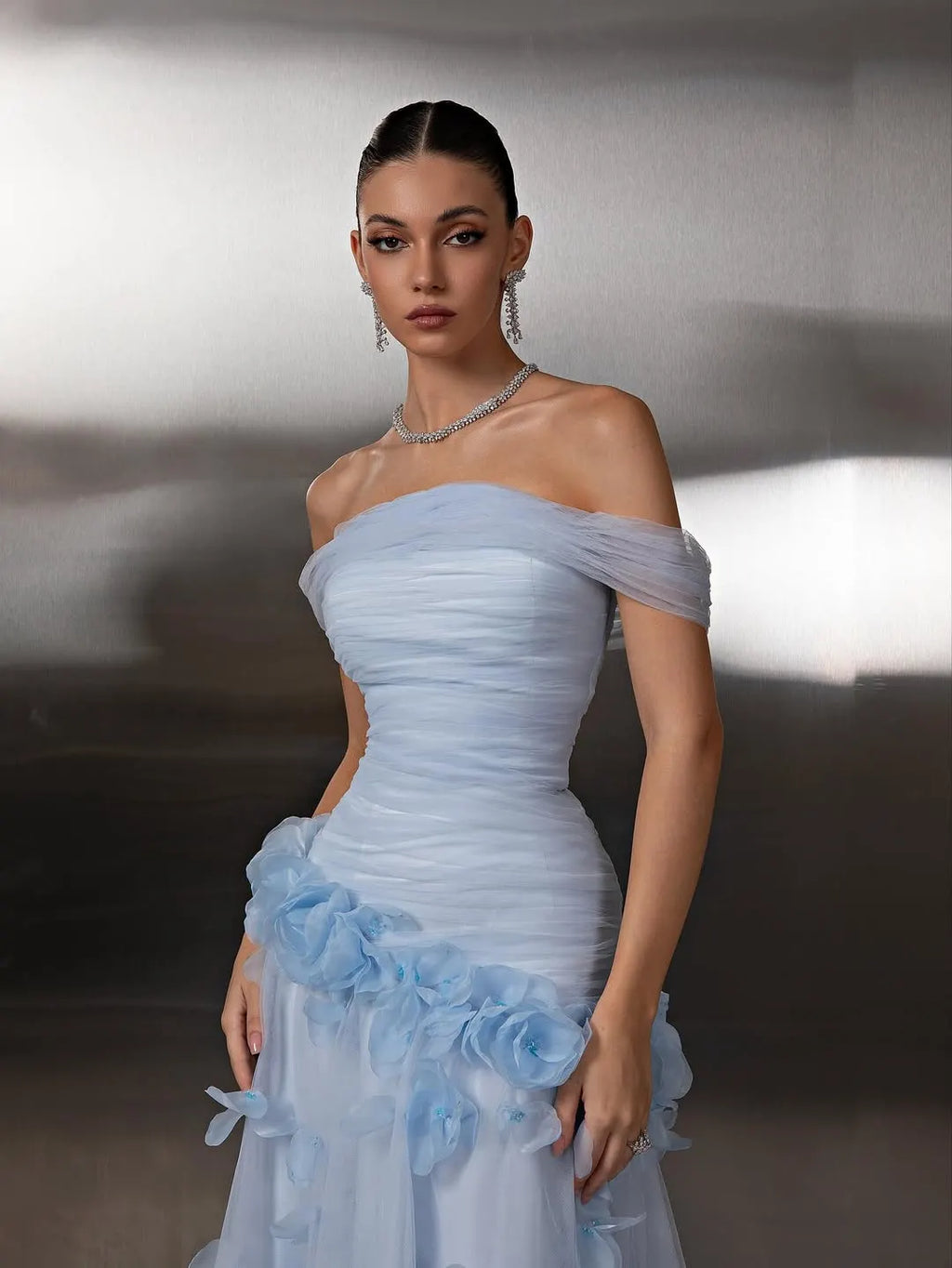Chic Blue Tulle Off the Shoulder Floral Prom Dress with Pleated