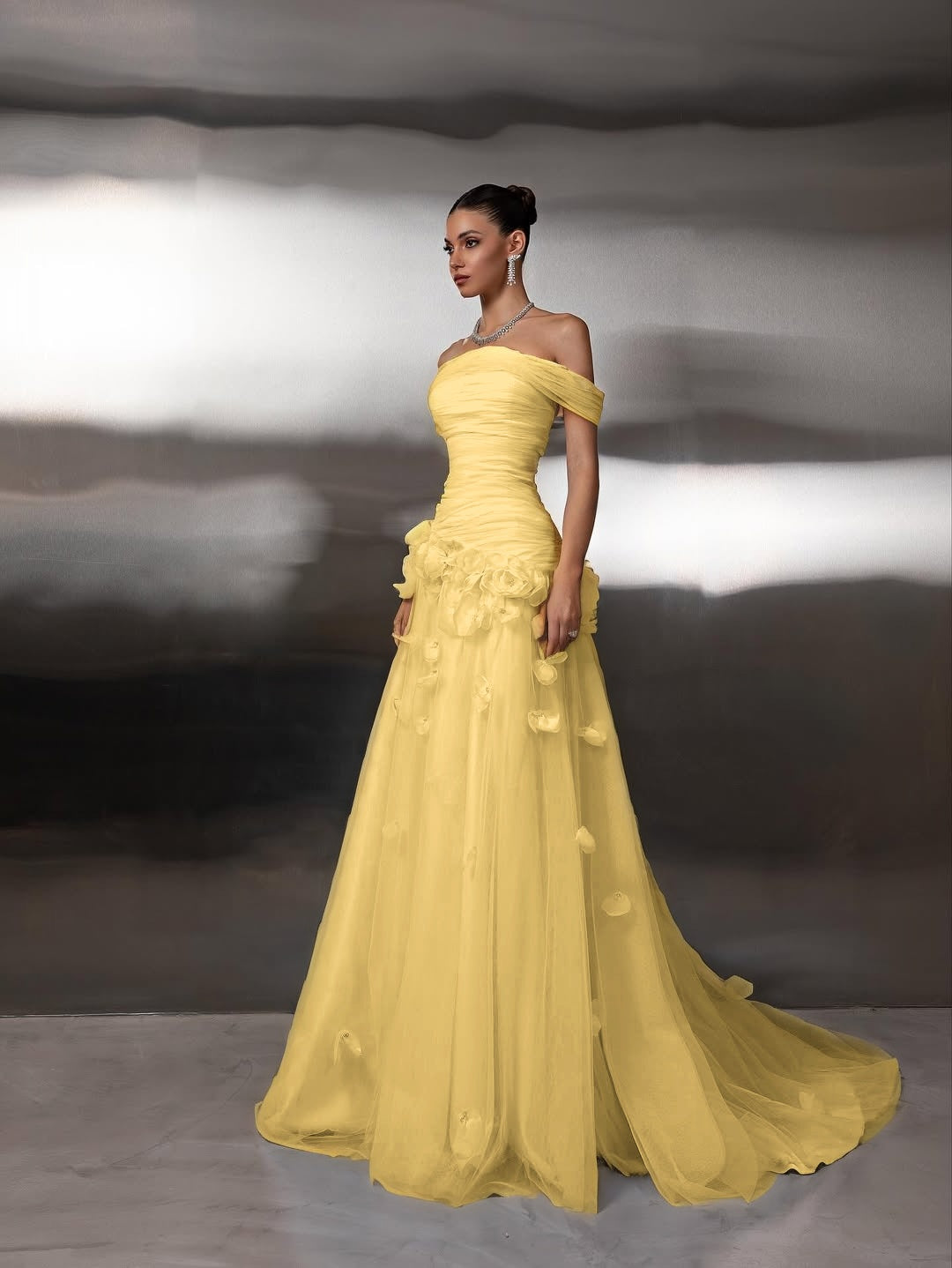 Chic Blue Tulle Off the Shoulder Floral Prom Dress with Pleated