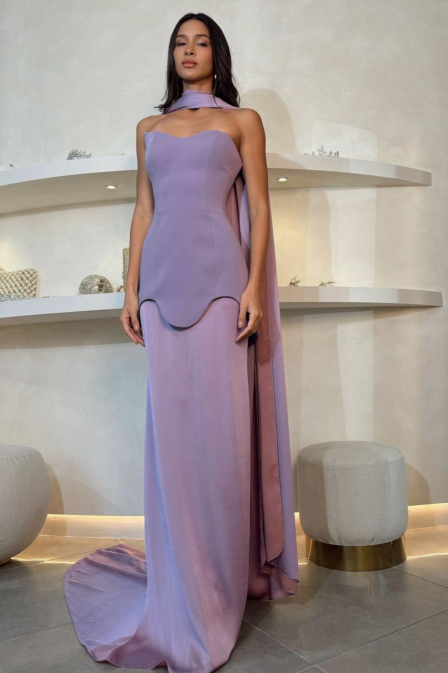 Amazing Purple Satin Strapless Sleeveless Long Slim Prom Dress with Scarf