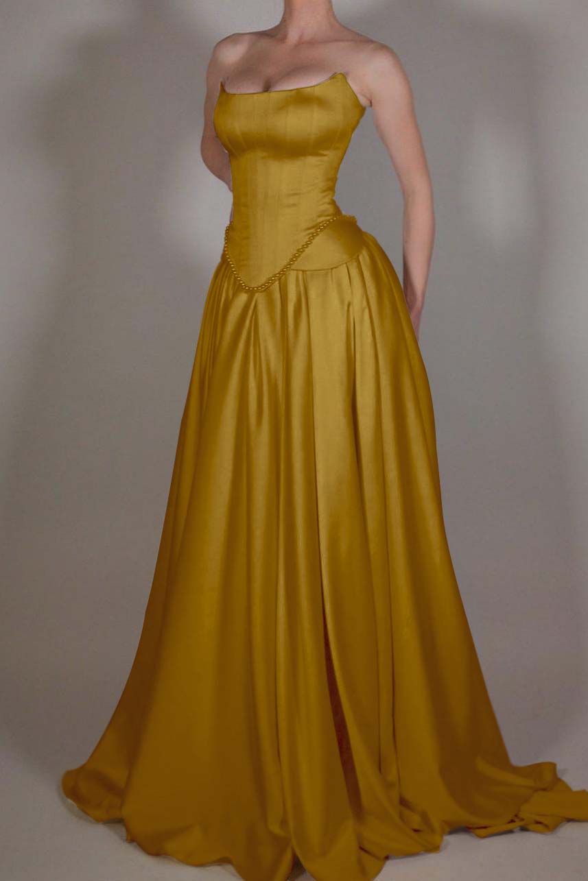 Exquisite Satin Ivory Sleeveless Strapless Long Pleated Prom Dress with Beadings