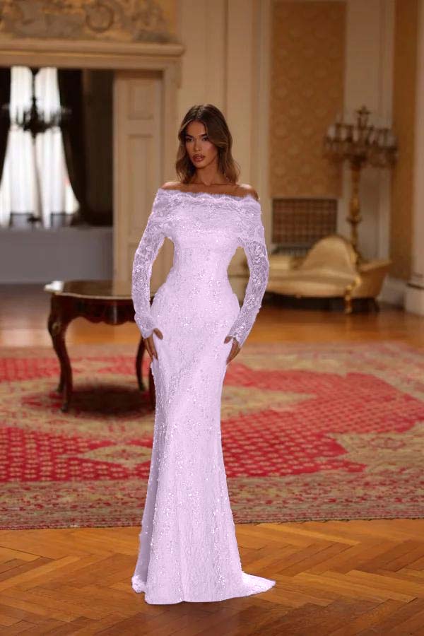 Chic Pink Lace Bateau Neck Long Sleeves Sequins Mermaid Prom Dress