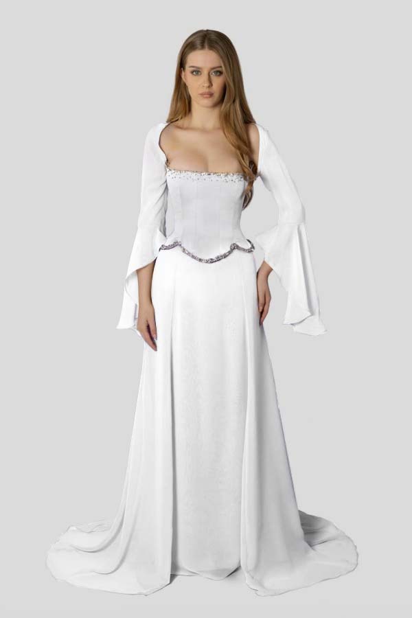 Stunning Square Neck Beaded Long Ruffles Sleeves Prom Dress